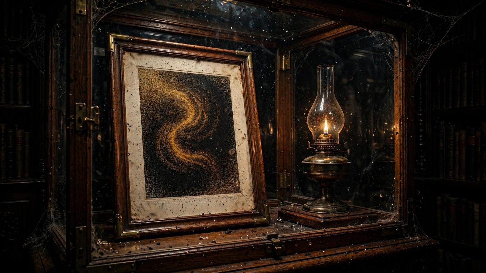 A framed swirl of gold beside a lamp, cased like a specimen of light.
