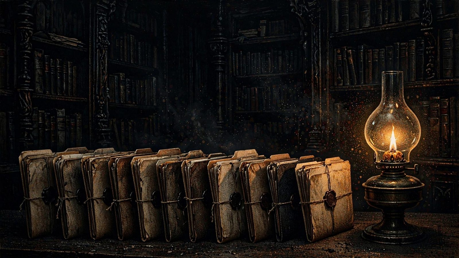 Bundles of tied papers beside a lamp, the archive of a failing flame.