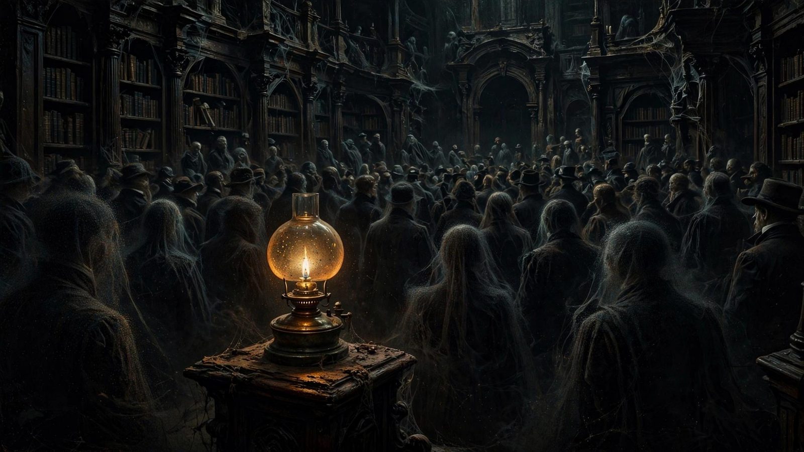 A library full of shadowy witnesses, one lamp left in front of them.