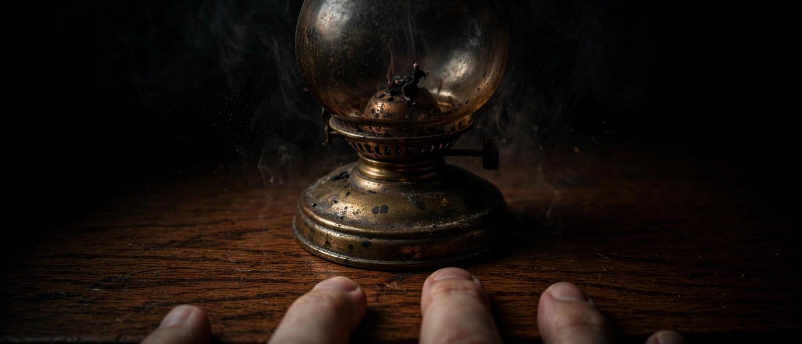 Fingers at the base of a lamp, the flame reduced to a thread.