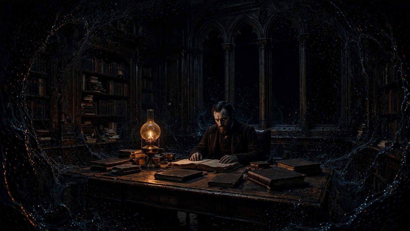 A man at a desk in a dark library, one oil lamp holding a small gold room.