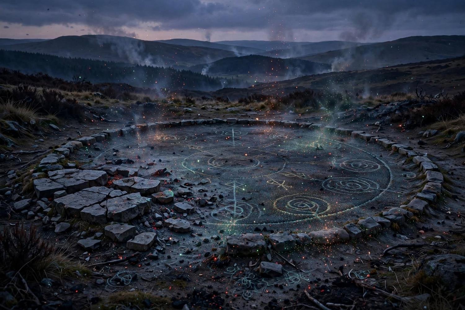 The circle empty on the hill, the marks fading, smoke on the ridges