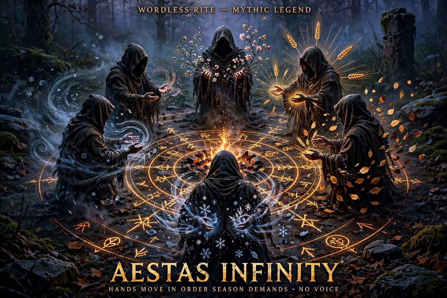Six hooded figures around a fire, the seasons moving through their hands