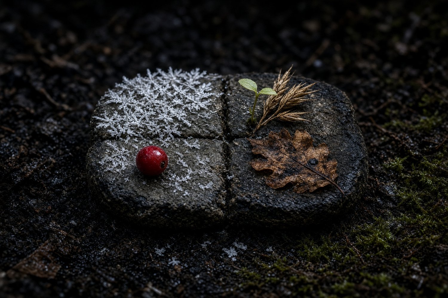 A stone from the circle, four seasons worn into it, the edge charred