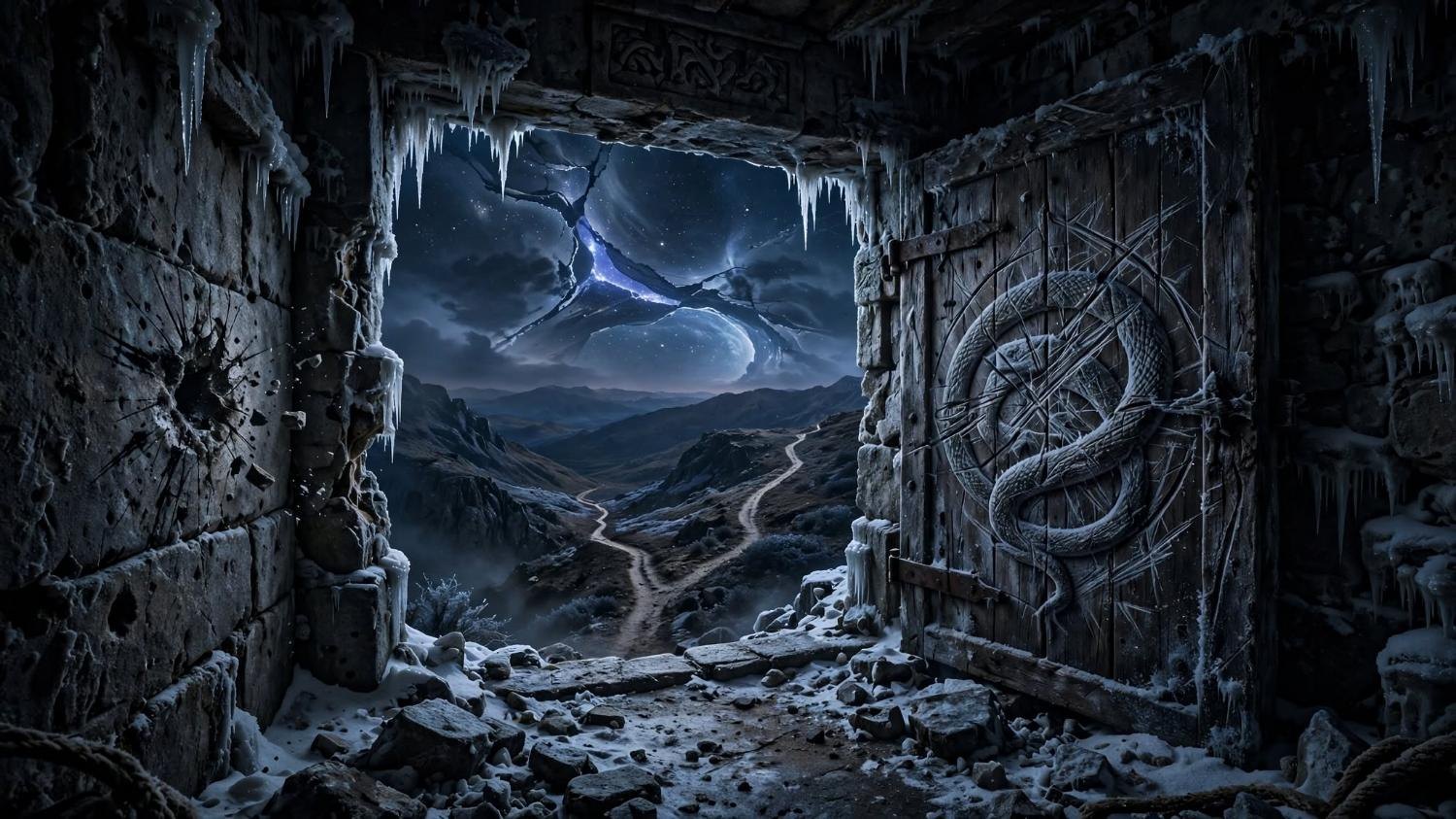 Frost on the shrine door, the coil written over the cut. A new fork in the path.