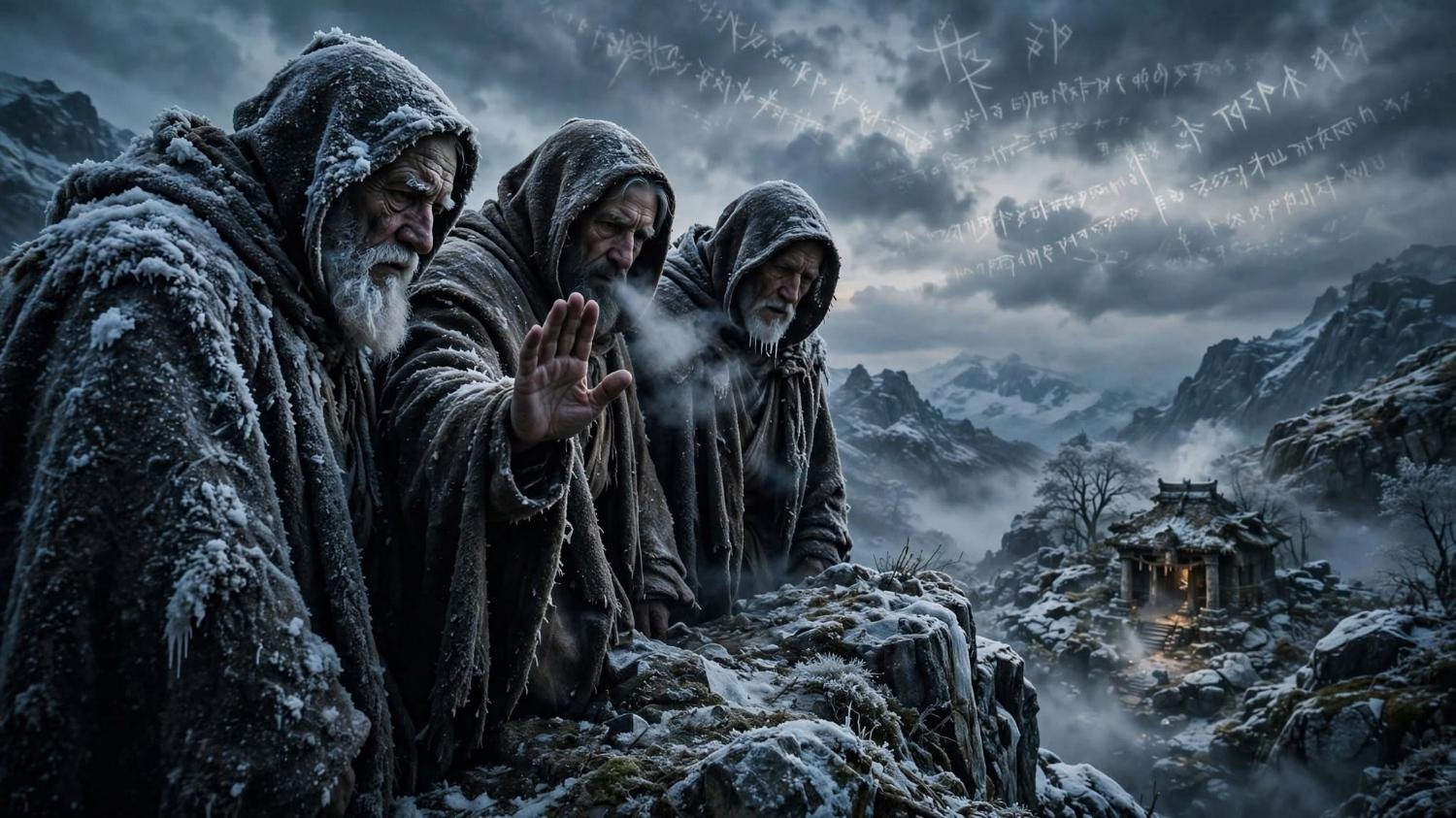 Three elders on the ridge. One hand rises to point, and stops.