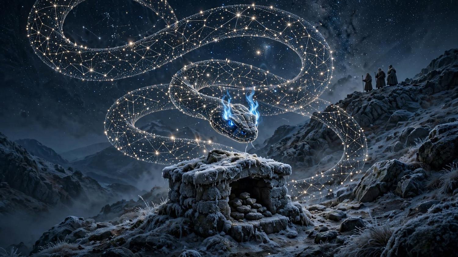 A serpent of stars over a frozen shrine. Elders on the ridge do not speak.