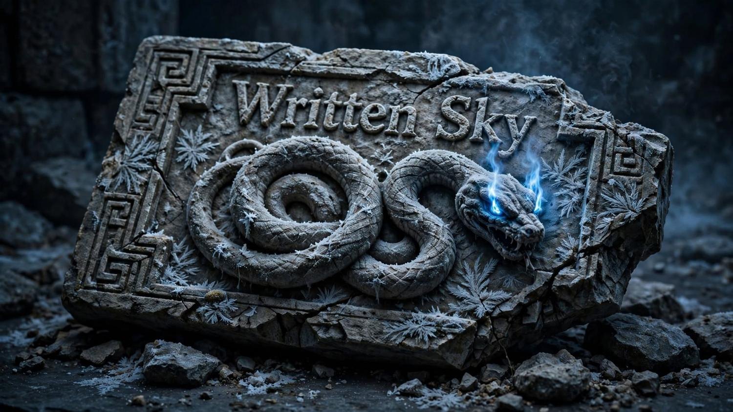 A broken slab. The coil is cut in the stone. A little blue fire still in the eyes.