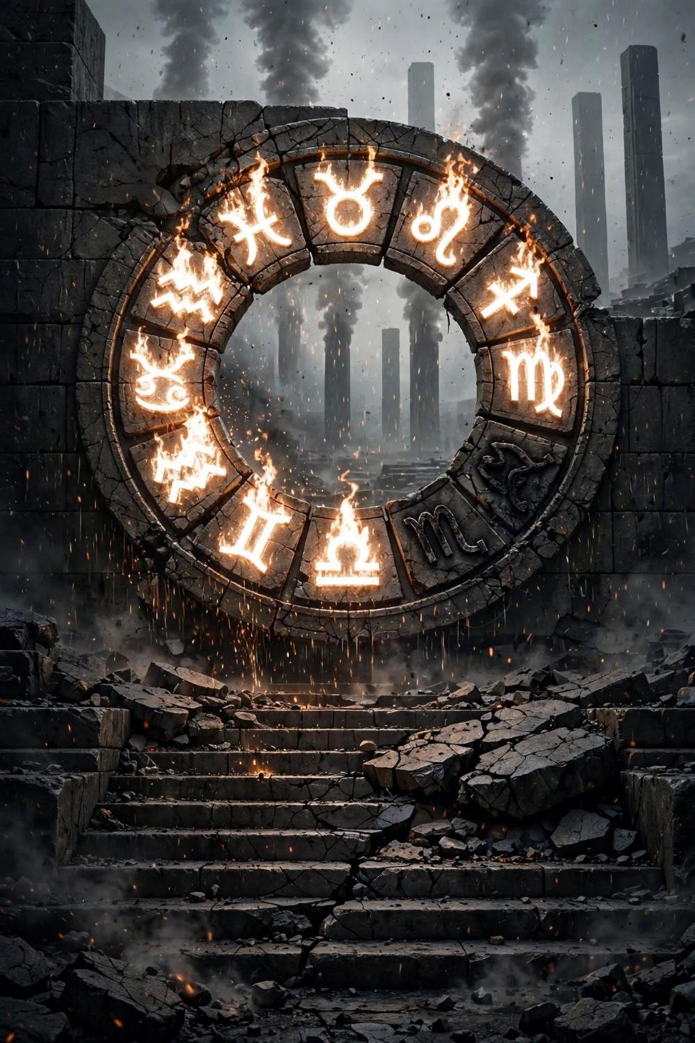 The zodiac ring burning in a ruined wall, one sign left dark
