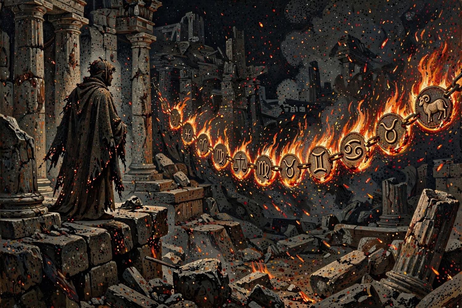 A watcher at the edge, looking at the chain of burning signs