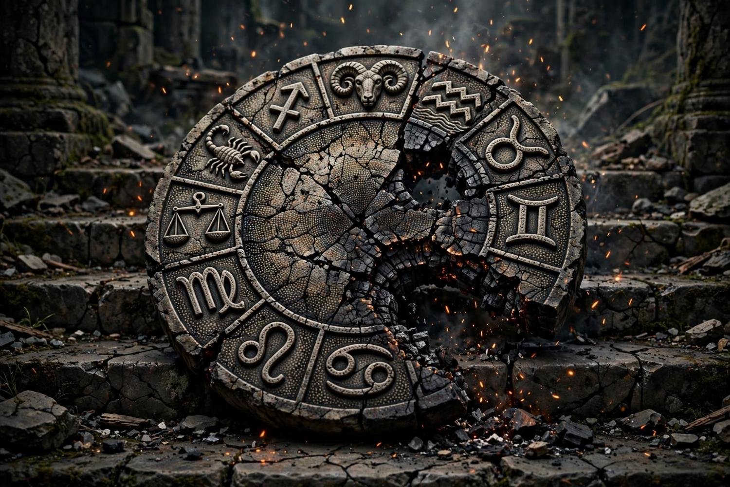 The stone disc of the signs, cracked, one section gone, embers in the break