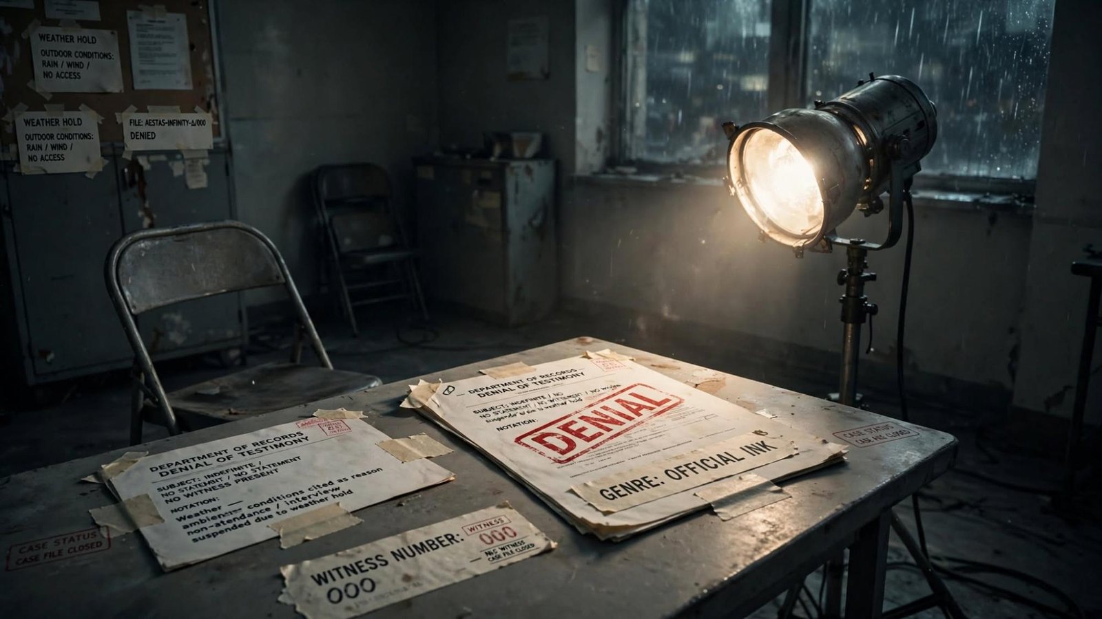 A lamp over denial stamps and witness number 000. Rain on the window. The chairs are empty.