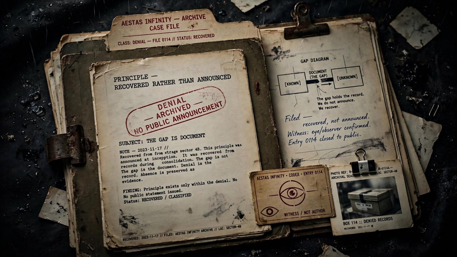 An open case file. The page says the gap is the document, recovered rather than announced.