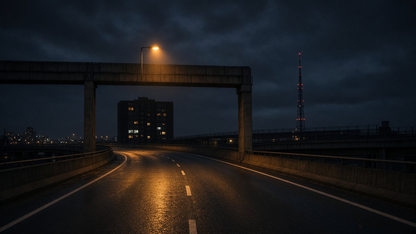An empty wet motorway at night. One sodium lamp is still lit. A radio mast shows a red beacon past the curve, and a housing block keeps only a few windows on. | Aestas Infinity