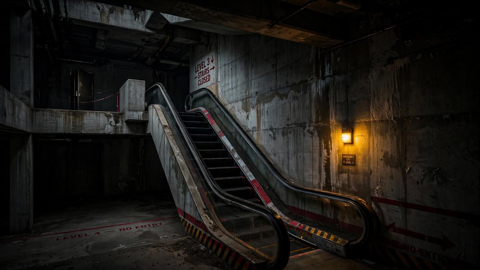 The unlit escalator. The floors do not agree.