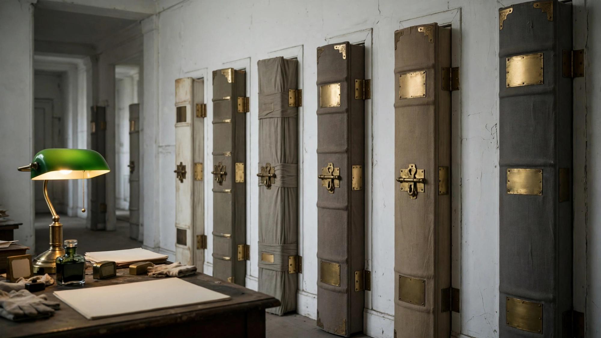 Six book-doors in a white hall. A lamp over the ink. The stamp has not come down.