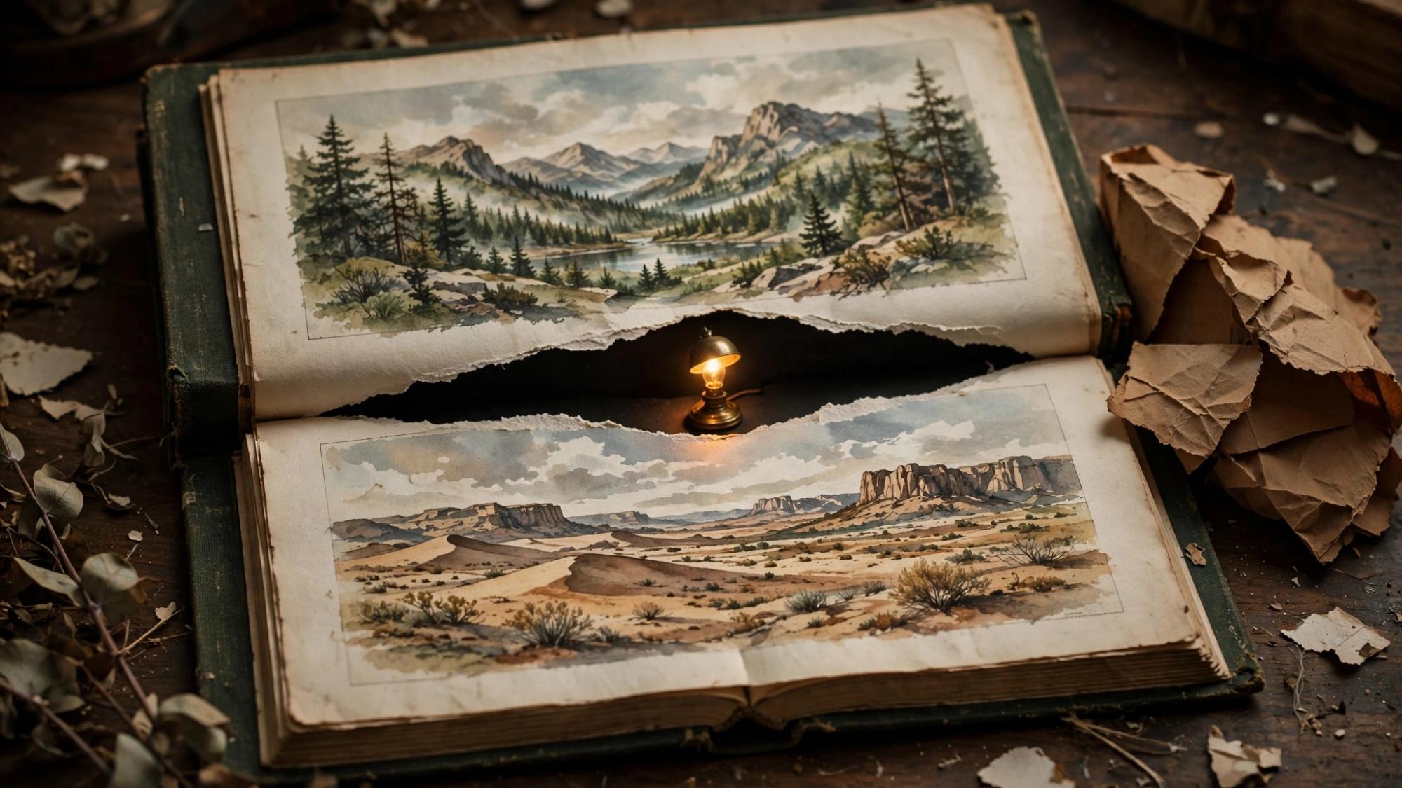 Two landscapes. The middle of the book is torn out. A lamp sits in the gap.