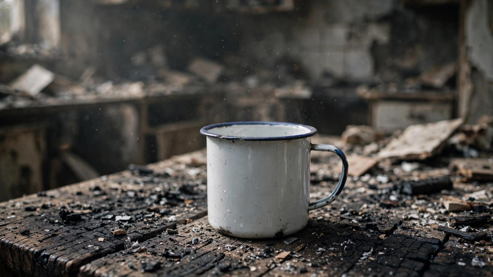 One cup on a burnt table. The fire is already out.