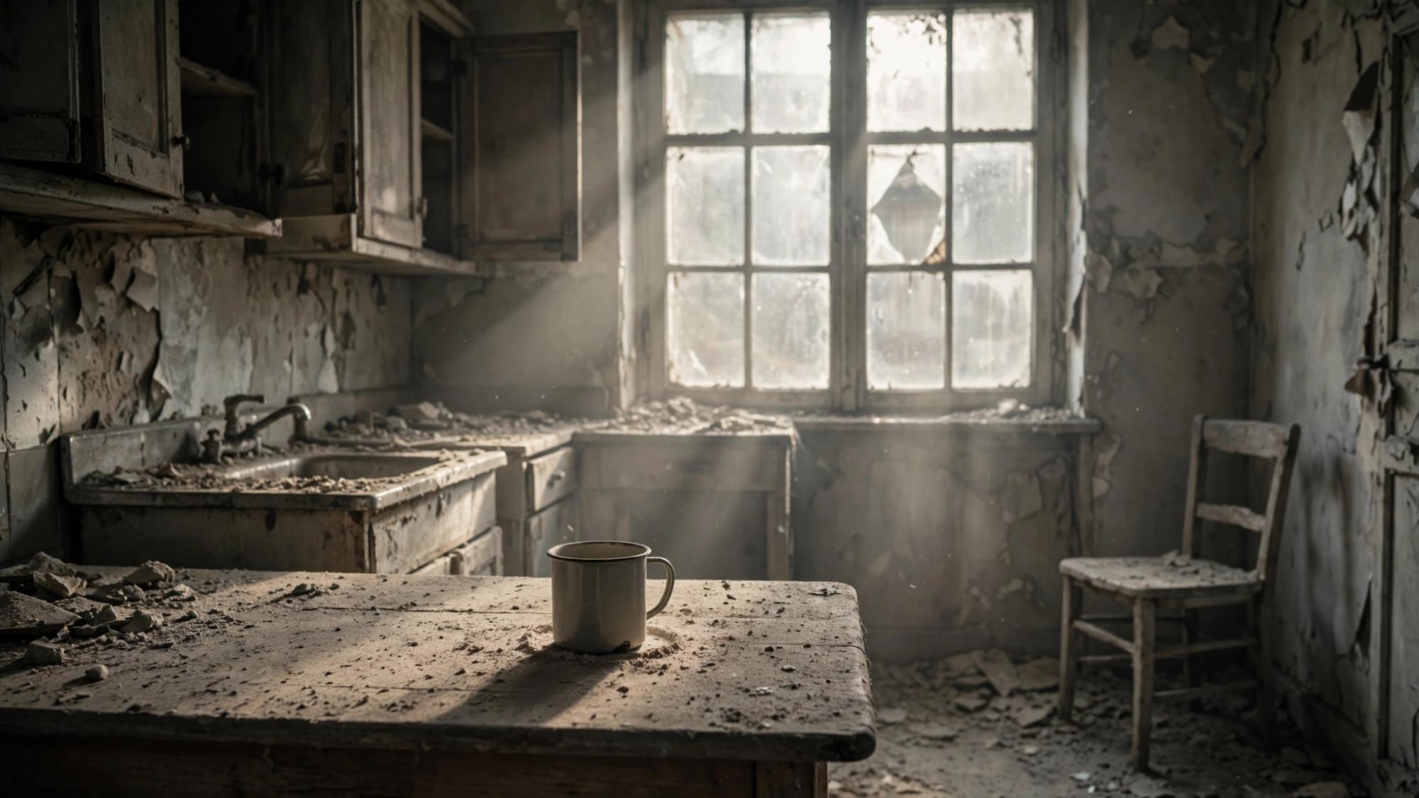 A dusty kitchen. One cup. The chair survived.