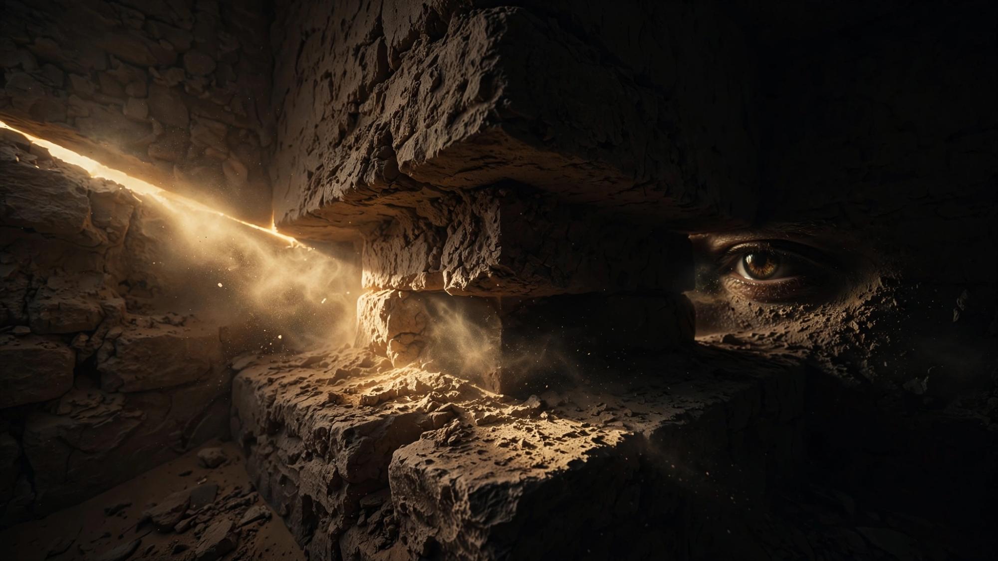 Two walls meet. Gold dust in the crack. The corner has an eye.