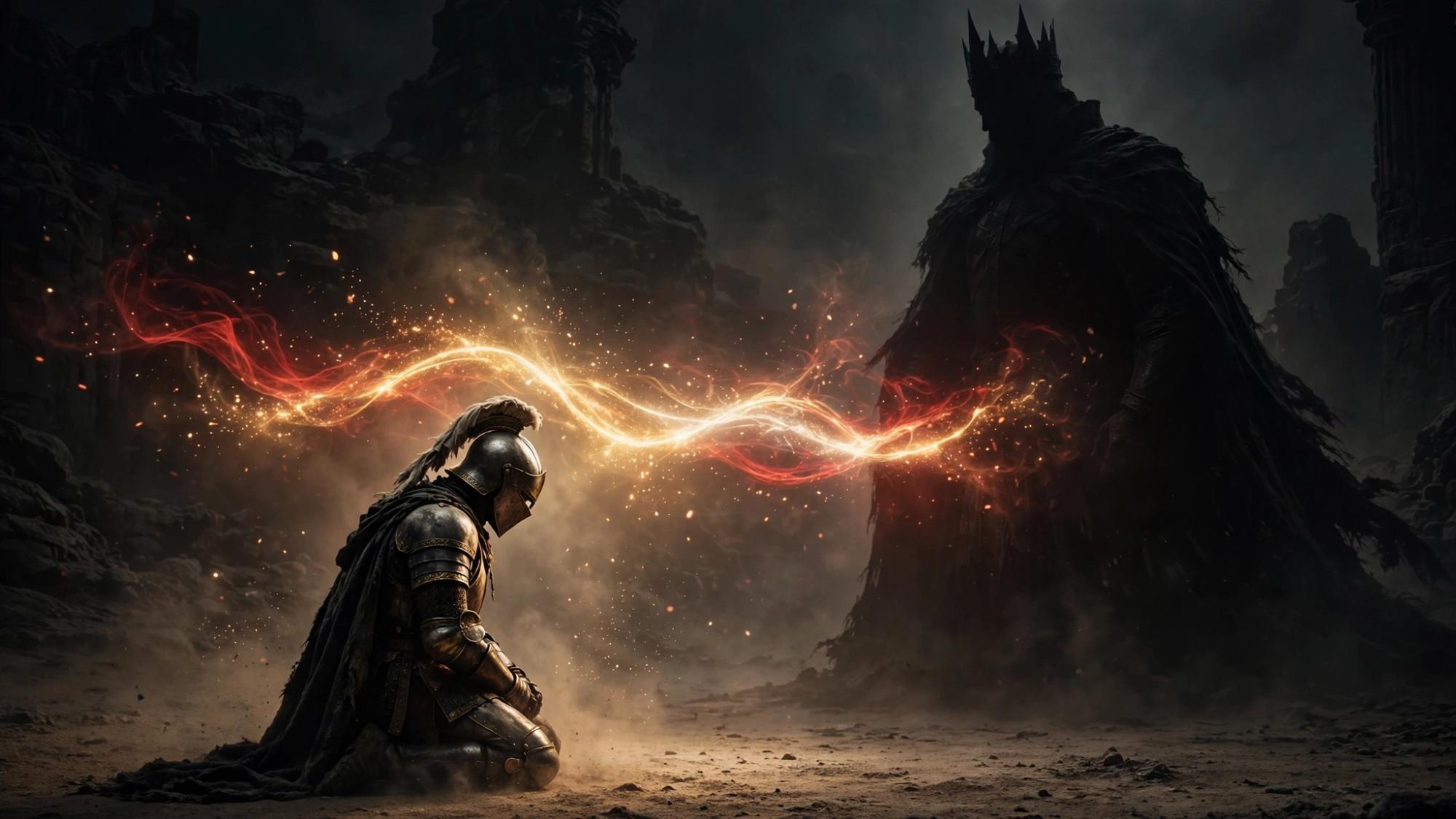 A living figure kneels. The shadow wears a crown.