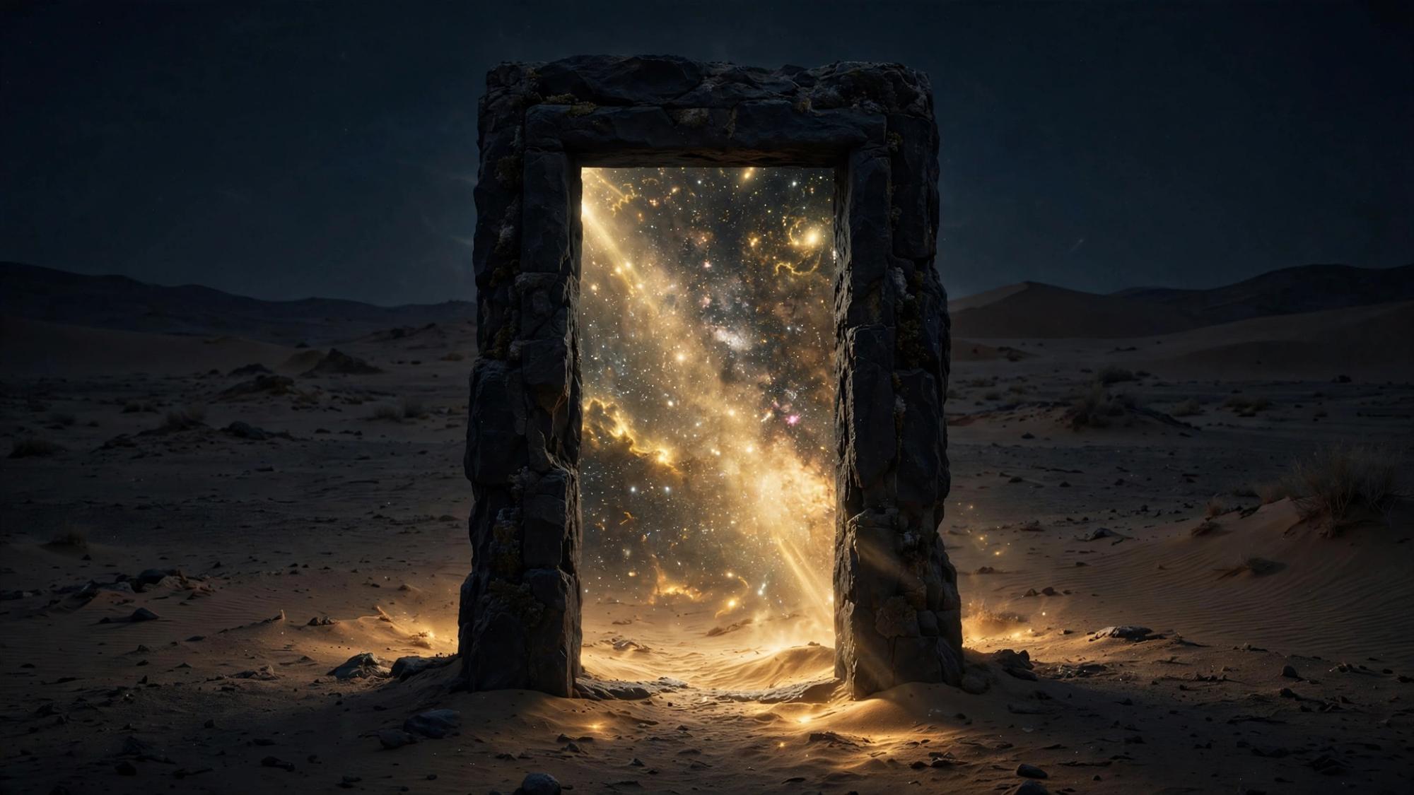A doorway alone in the desert, opening onto a sky.