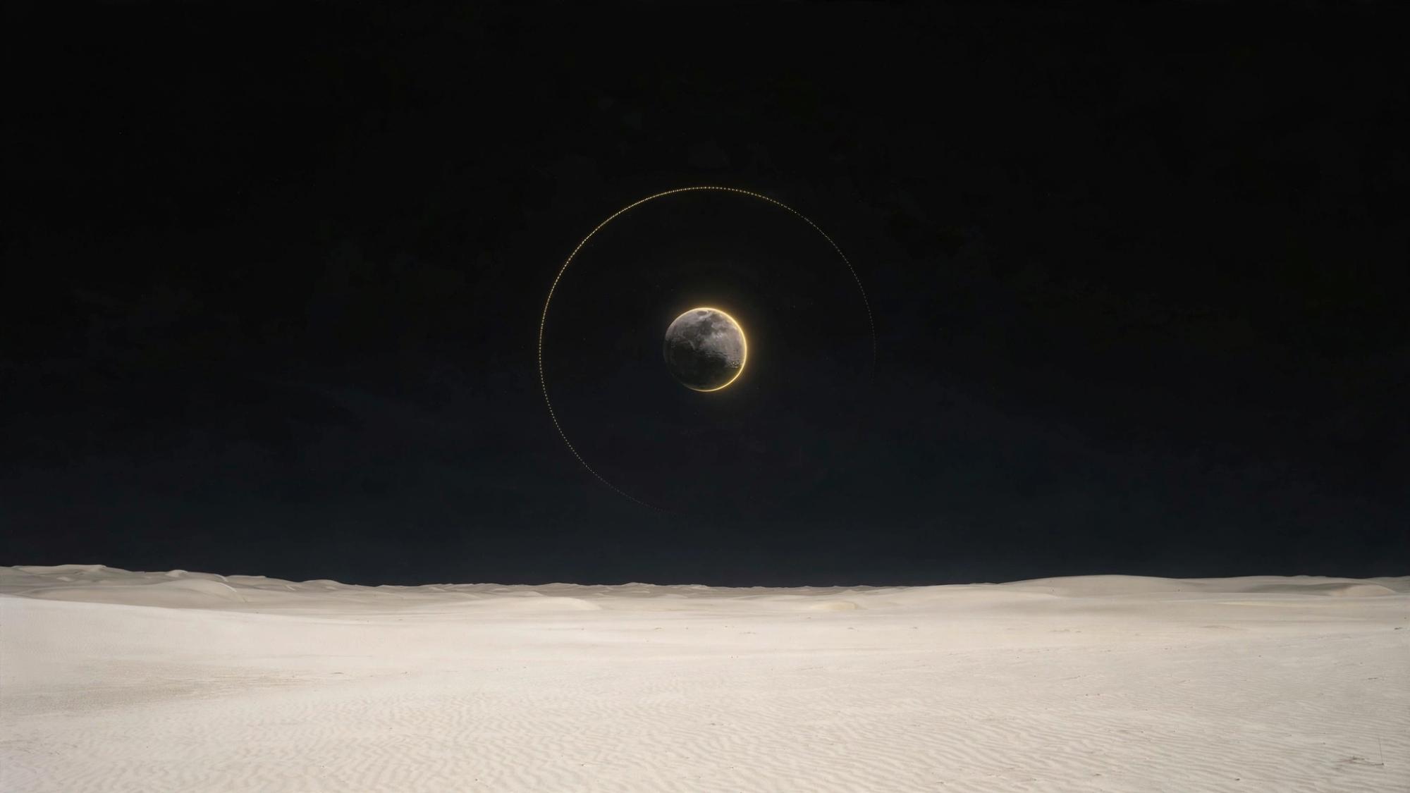 One moon with a gold rim. No planet beside it.