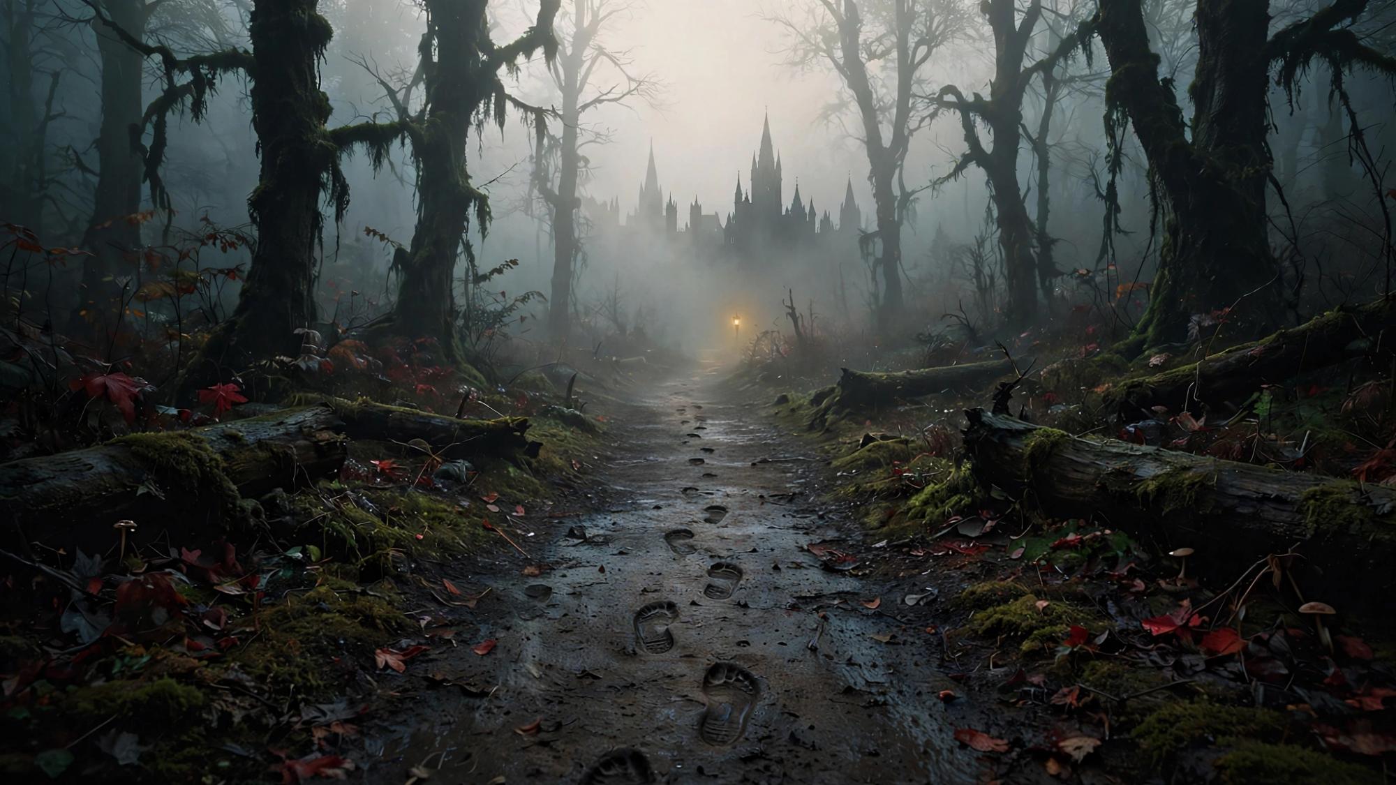 A fog road. One set of prints. A city far off.