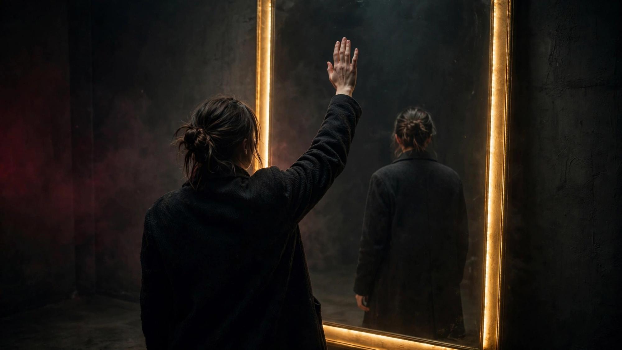 She raises a hand. The mirror does not.