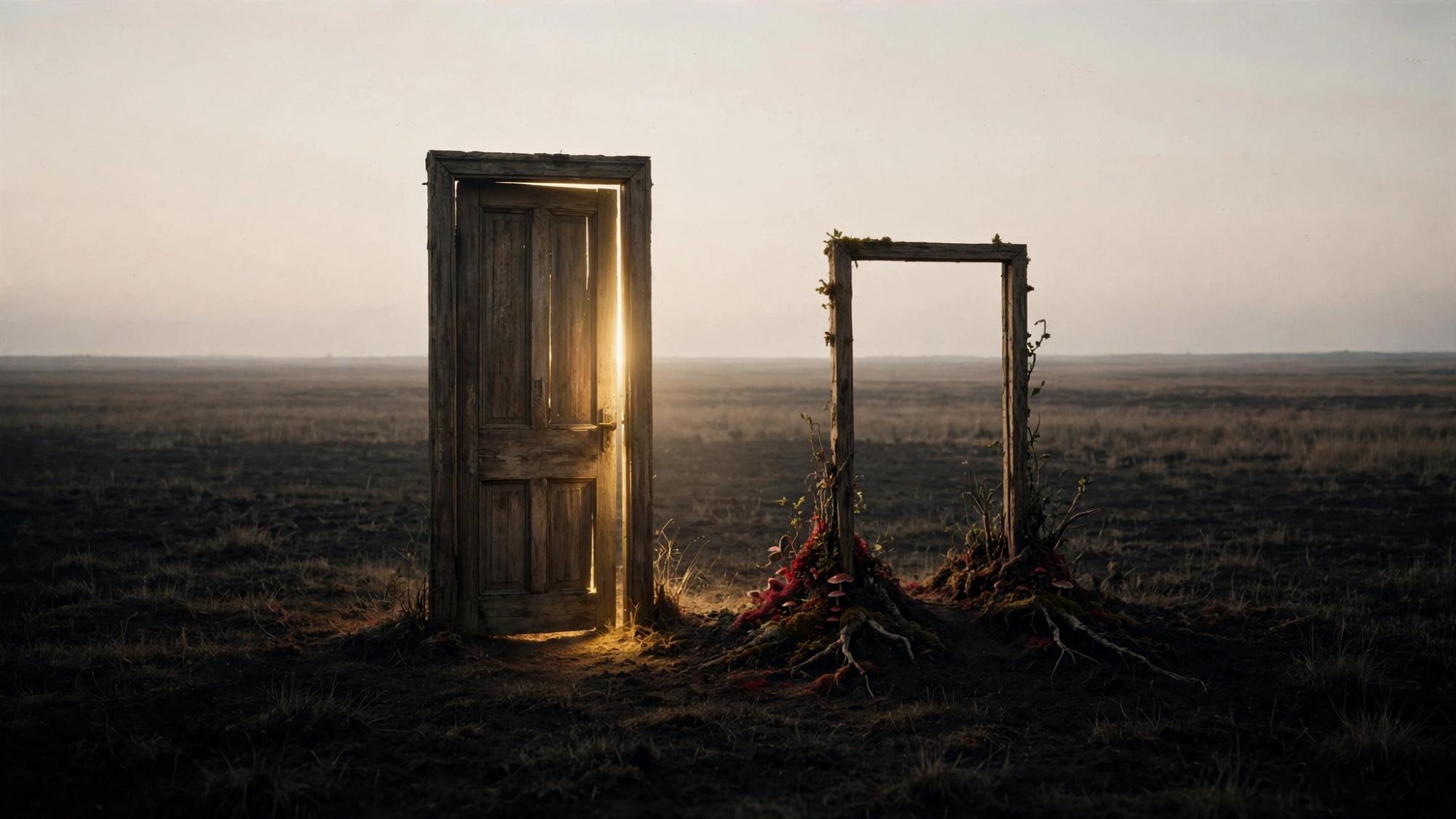 A door in a field, and a second frame taking root.