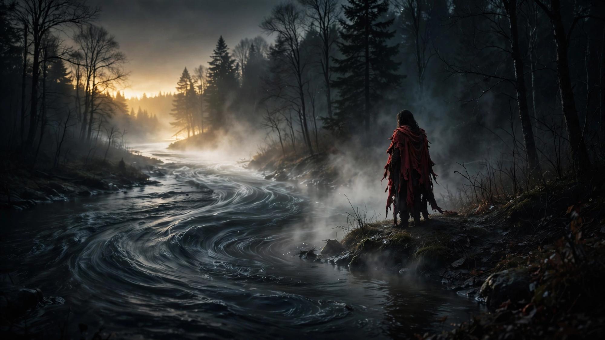 A torn red cloak above a river that has moved toward him.