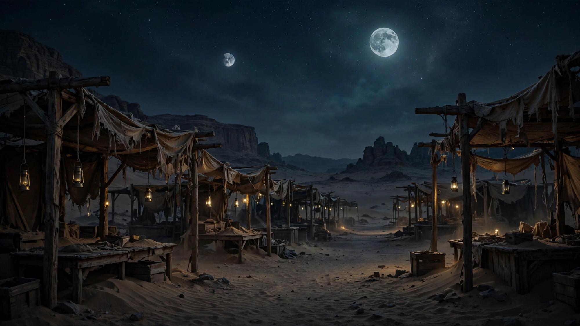 A market open to the sky. Two moons. No one in the stalls.