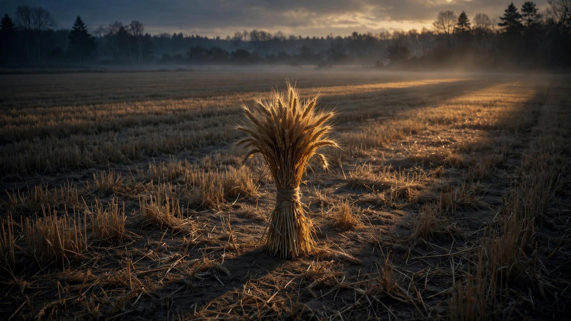 One sheaf standing in a cut field. No one is holding it.
