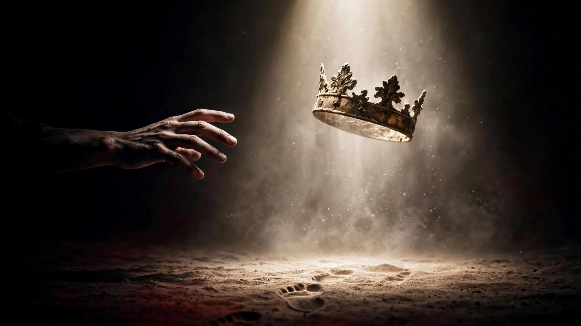 A hand rises. The crown hangs in the light. The prints stop before it.
