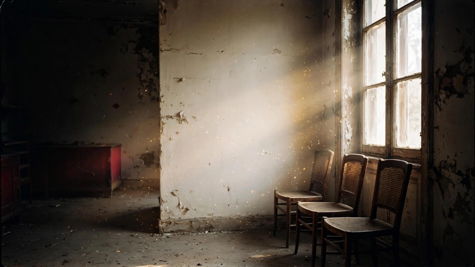 Empty chairs beside a window. The room does not perform.