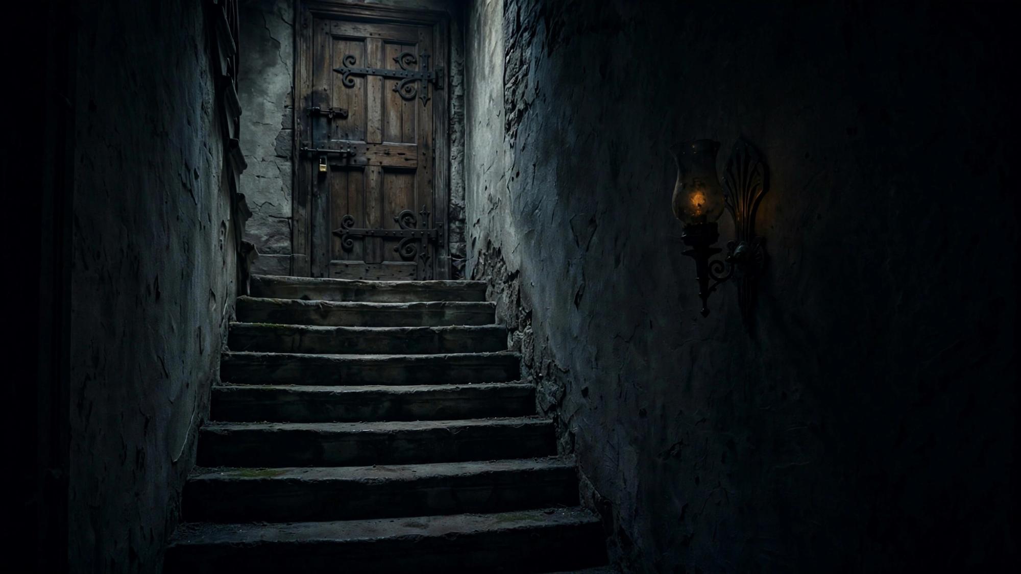 A stair, a locked door, a lamp.