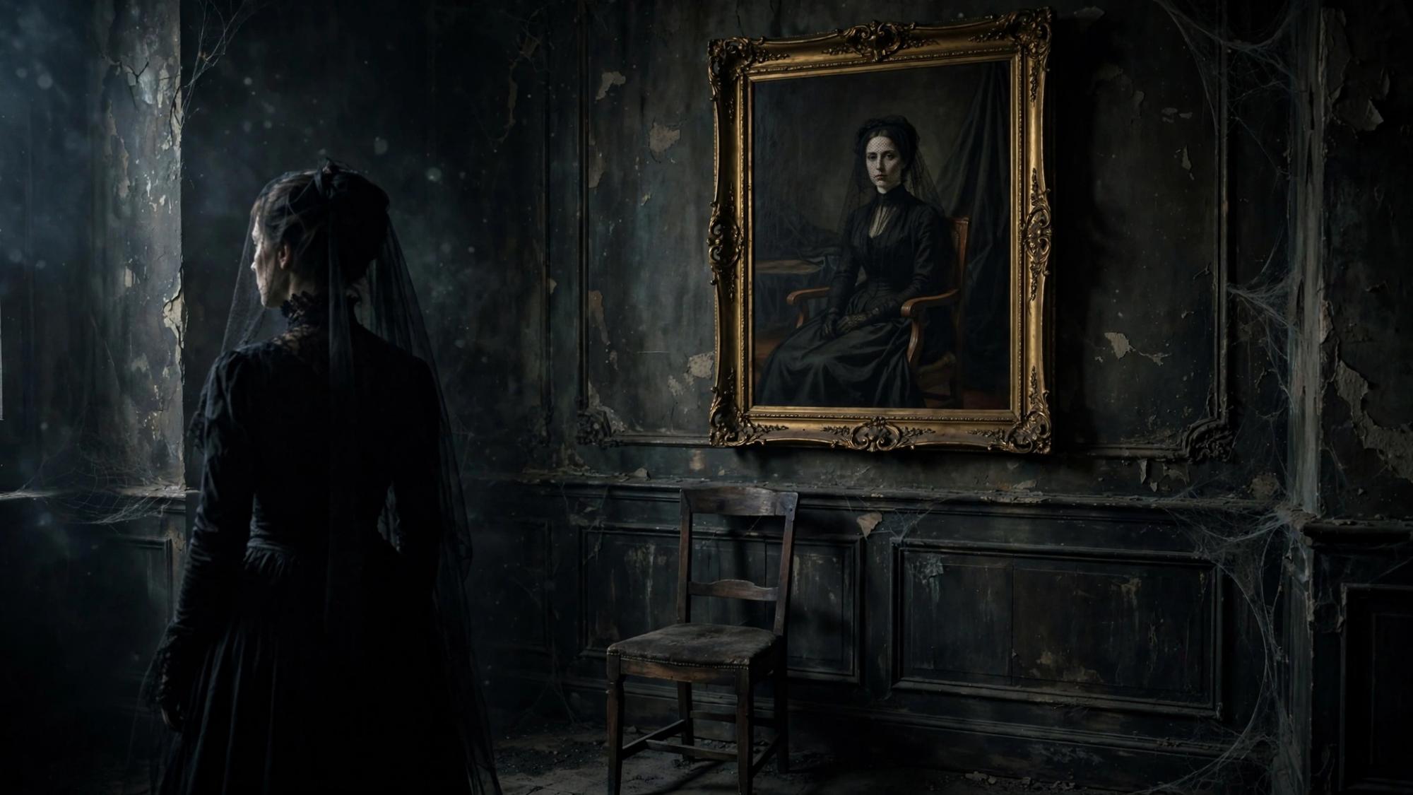 She looks at the portrait. The chair in the room is empty. The painted woman is seated.