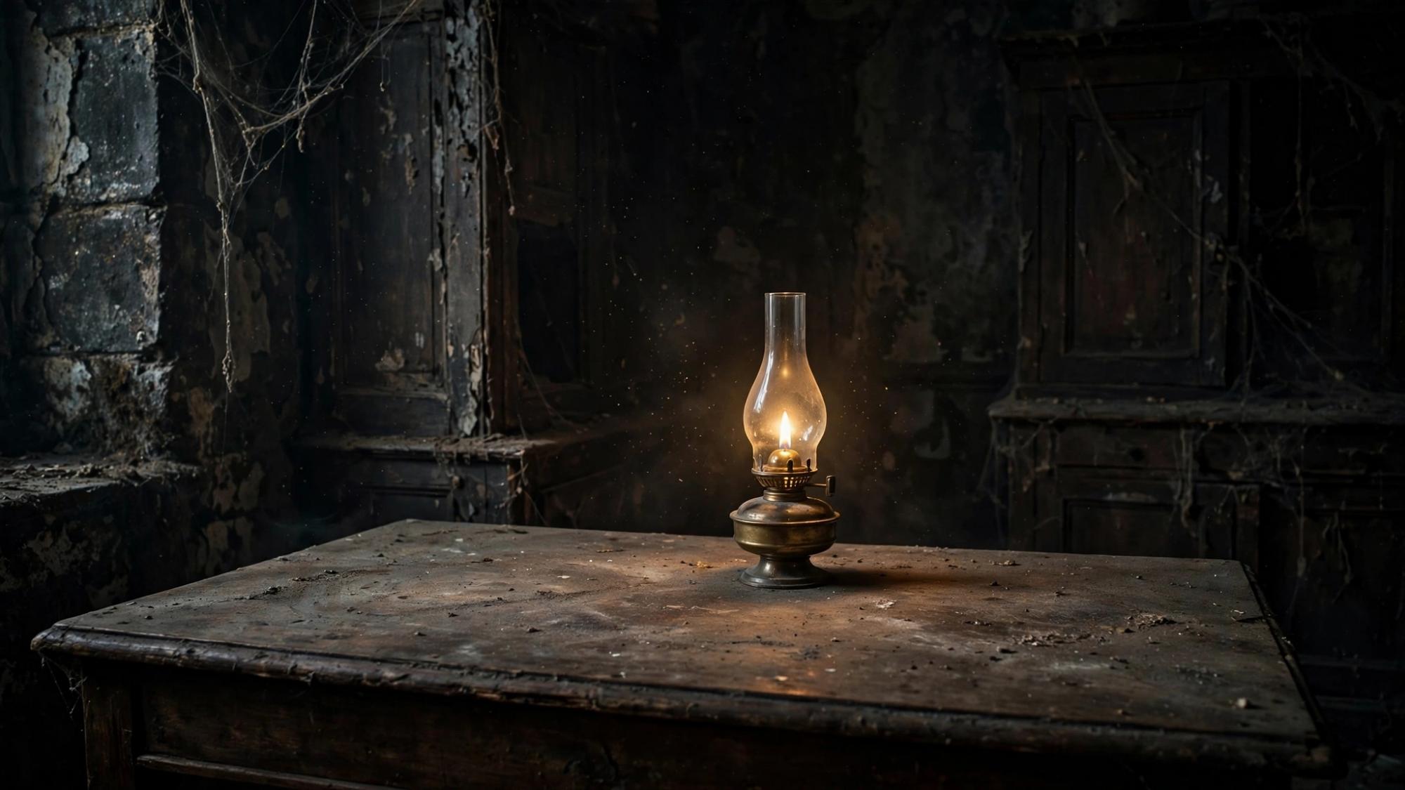 One lamp on a desk. The flame is ordinary.