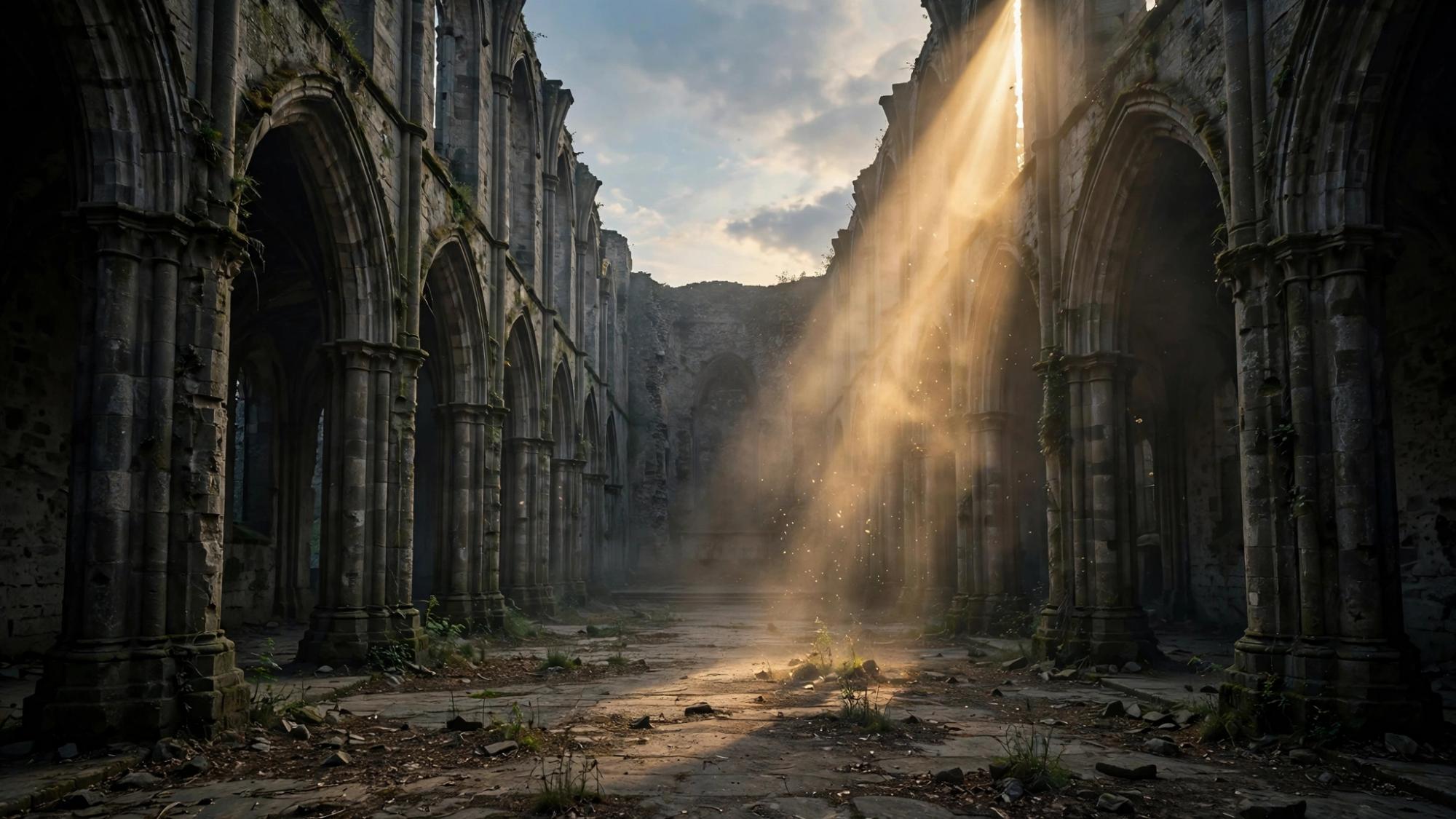 A church nave with the roof gone. Dust in the beam. Not a ship.