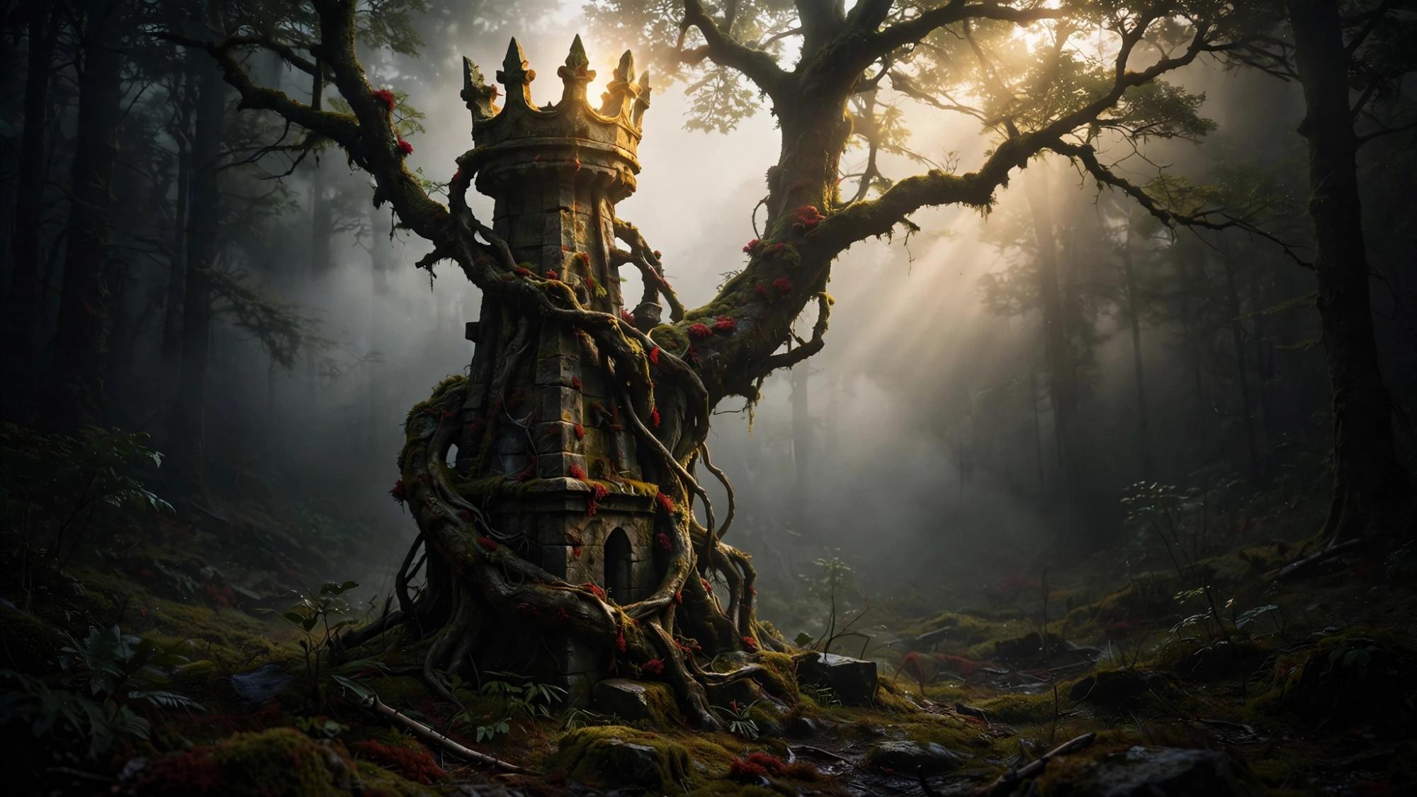 A crown, a tower and a living tree in the same weather.