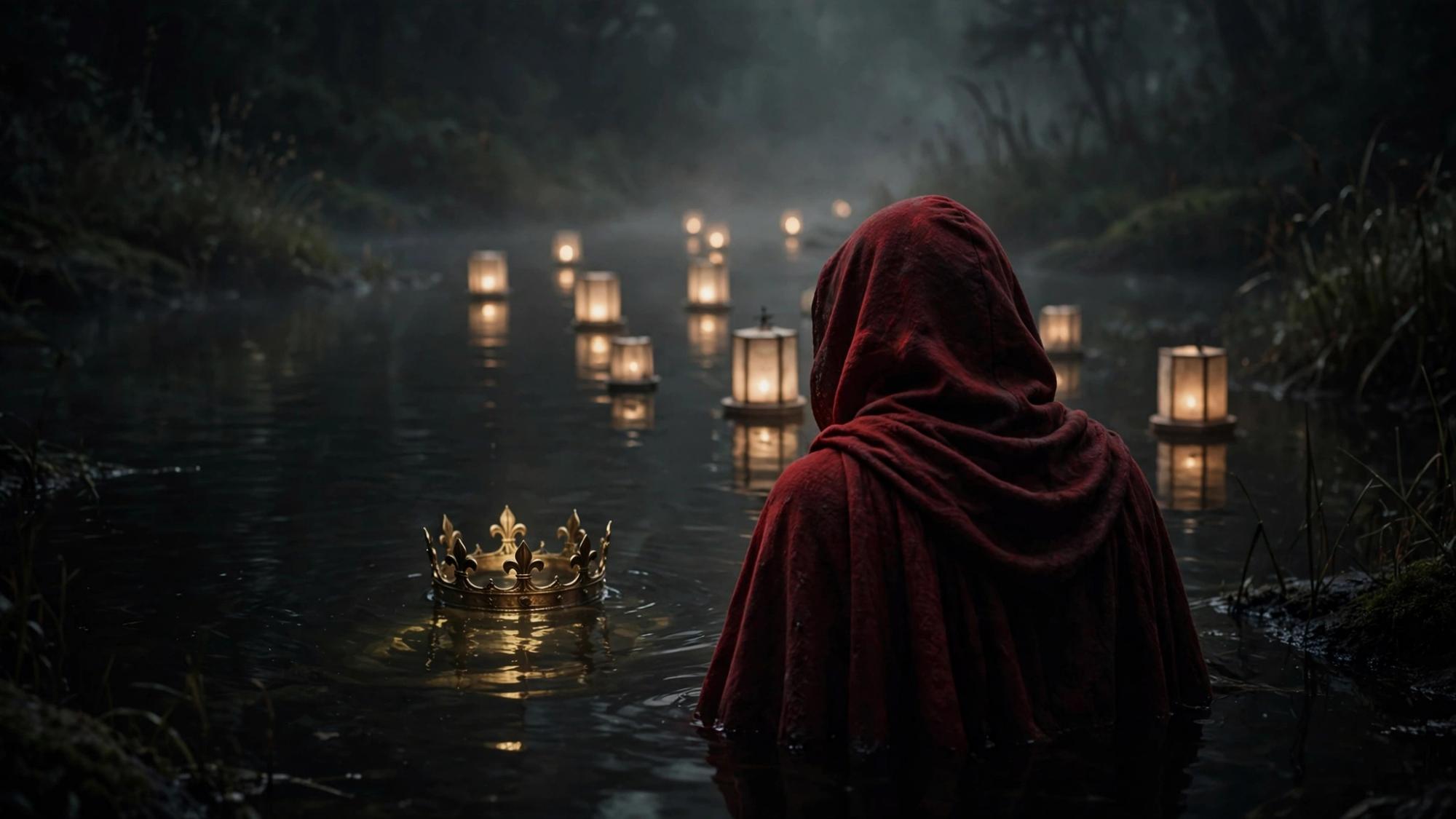 A crown in still water. Lanterns close behind a turned back.