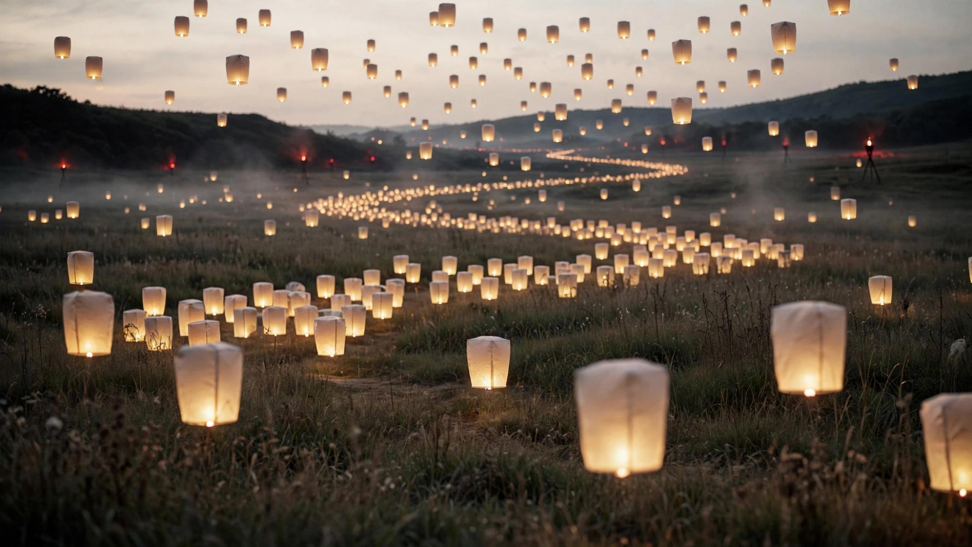 A field of paper lanterns. No one is holding them.