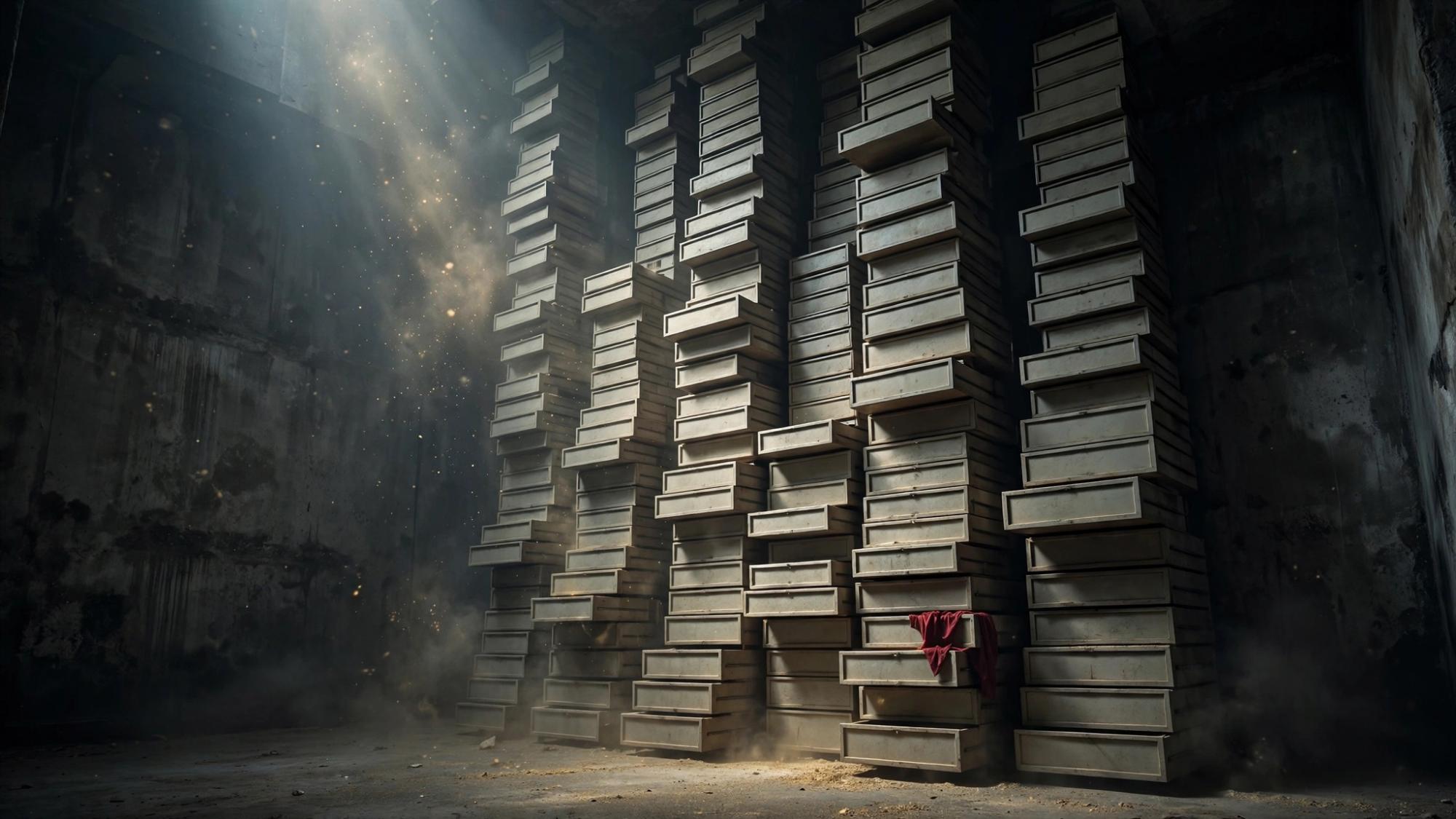 Drawers stacked higher than a building needs. No names on them.