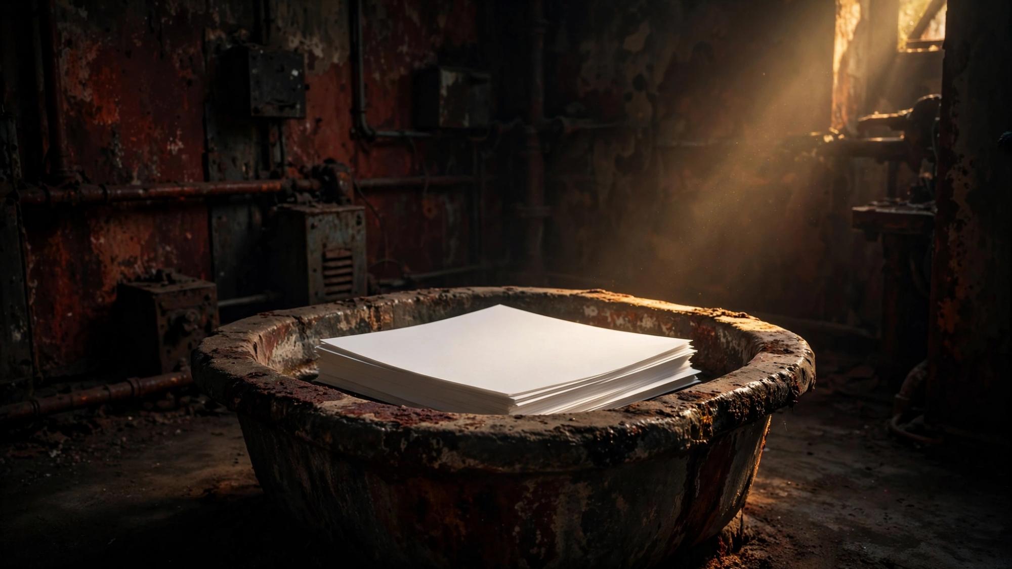 A basin that once held water now holds blank paper.