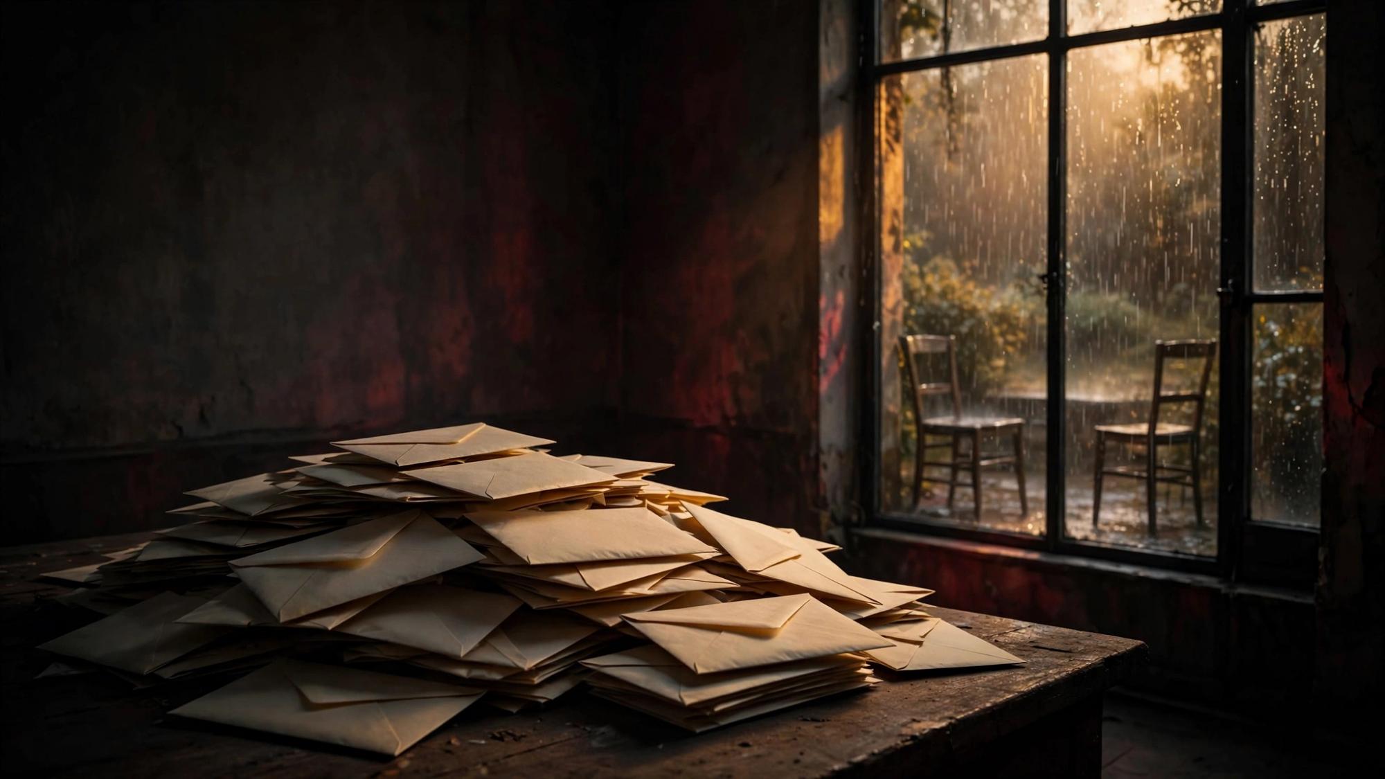 A stack of letters that will not be posted. Rain on empty chairs.