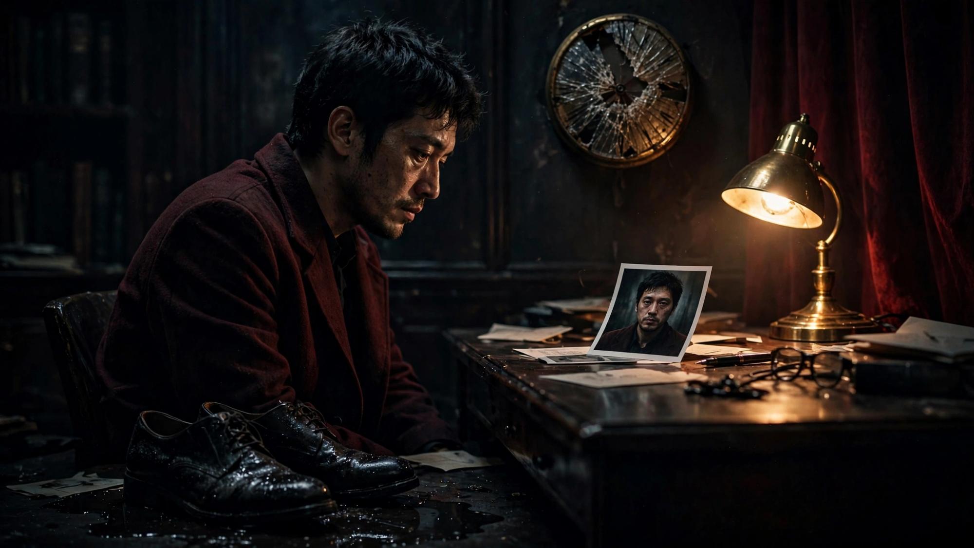 He sits with a photograph of himself. The clock has lost part of its face. The shoes are wet.