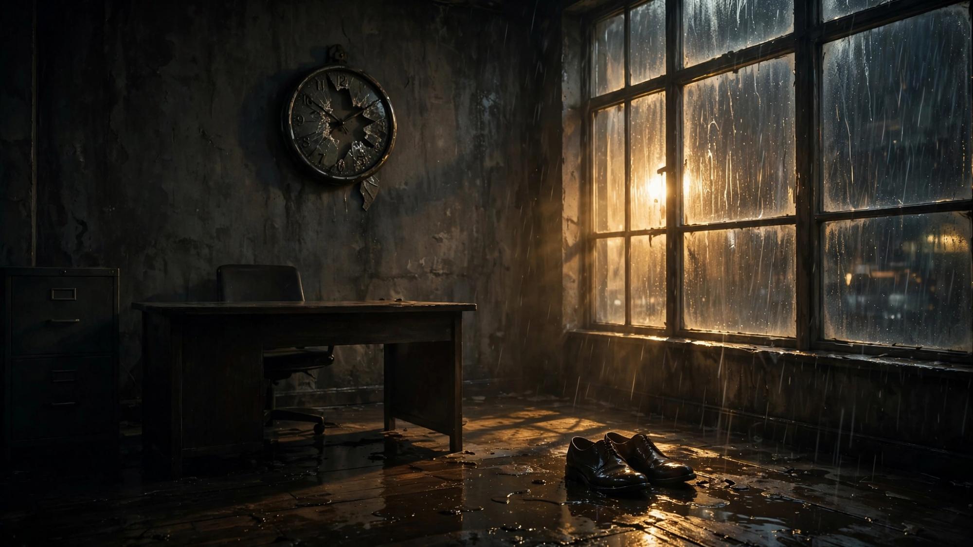 The same broken clock and the same wet shoes. Rain is already on the glass. No one is here.