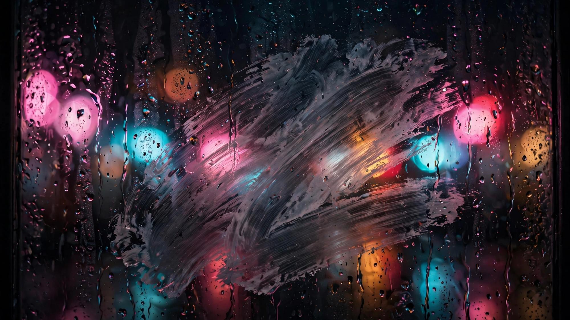 A face wiped off wet glass. The rain stays. No neon words.