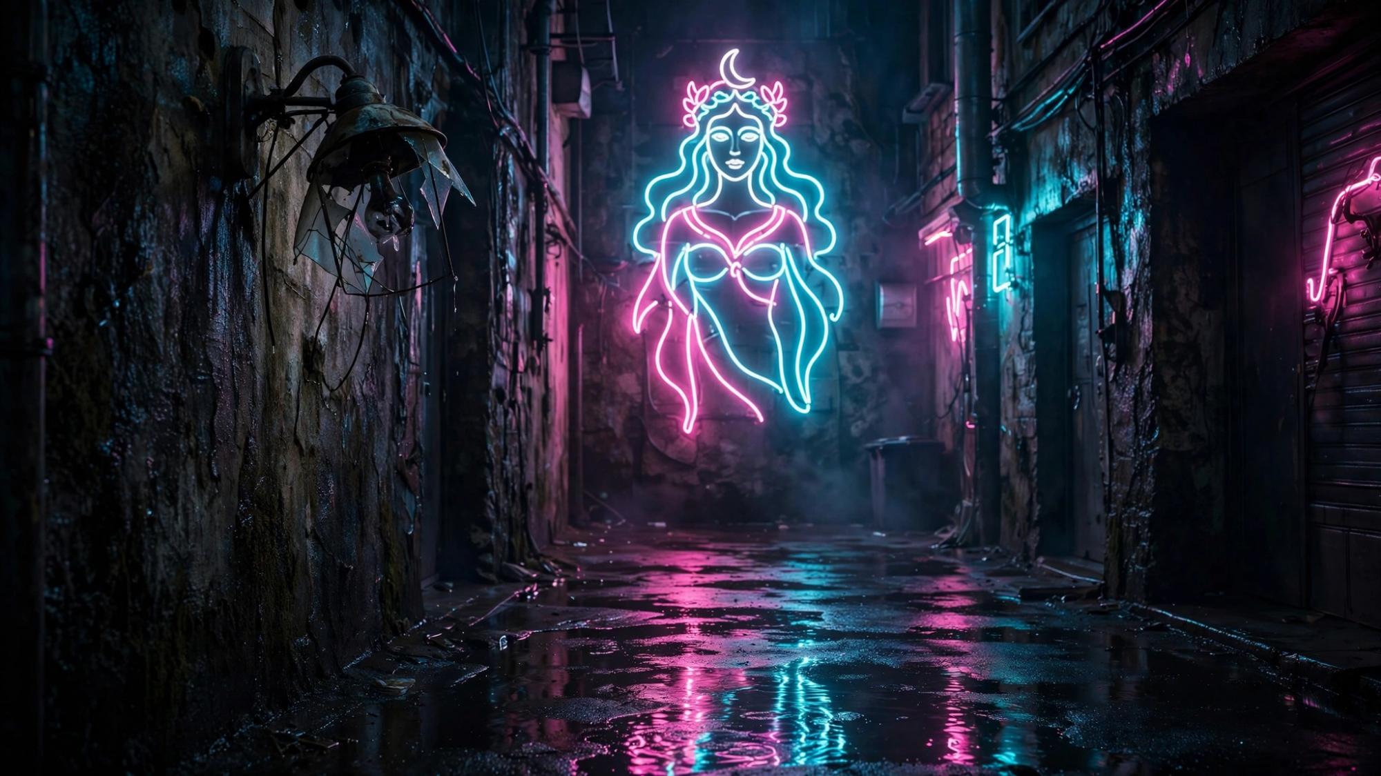 A broken lamp and a goddess made only of light. The signs sell nothing you can read.