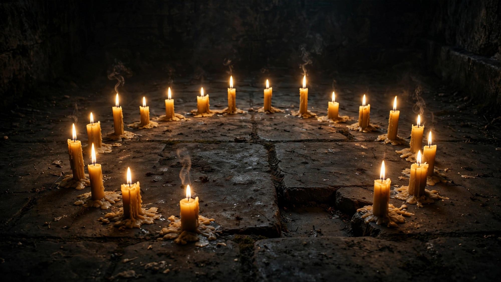 The candles are already lit. One gap remains in the circle.